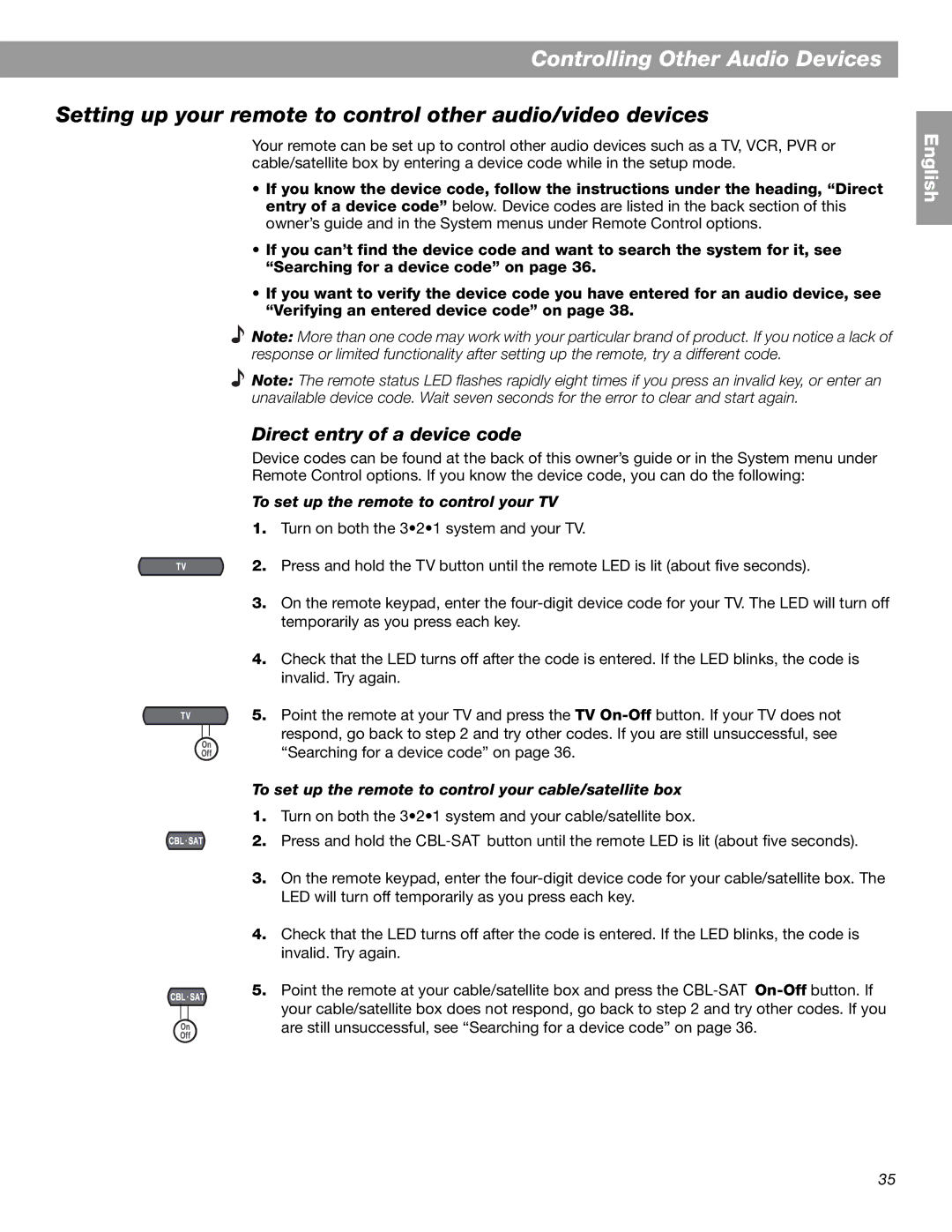 Bose 3.2.1 GS Series II, 3.2.1 Series II manual Controlling Other Audio Devices, Direct entry of a device code 