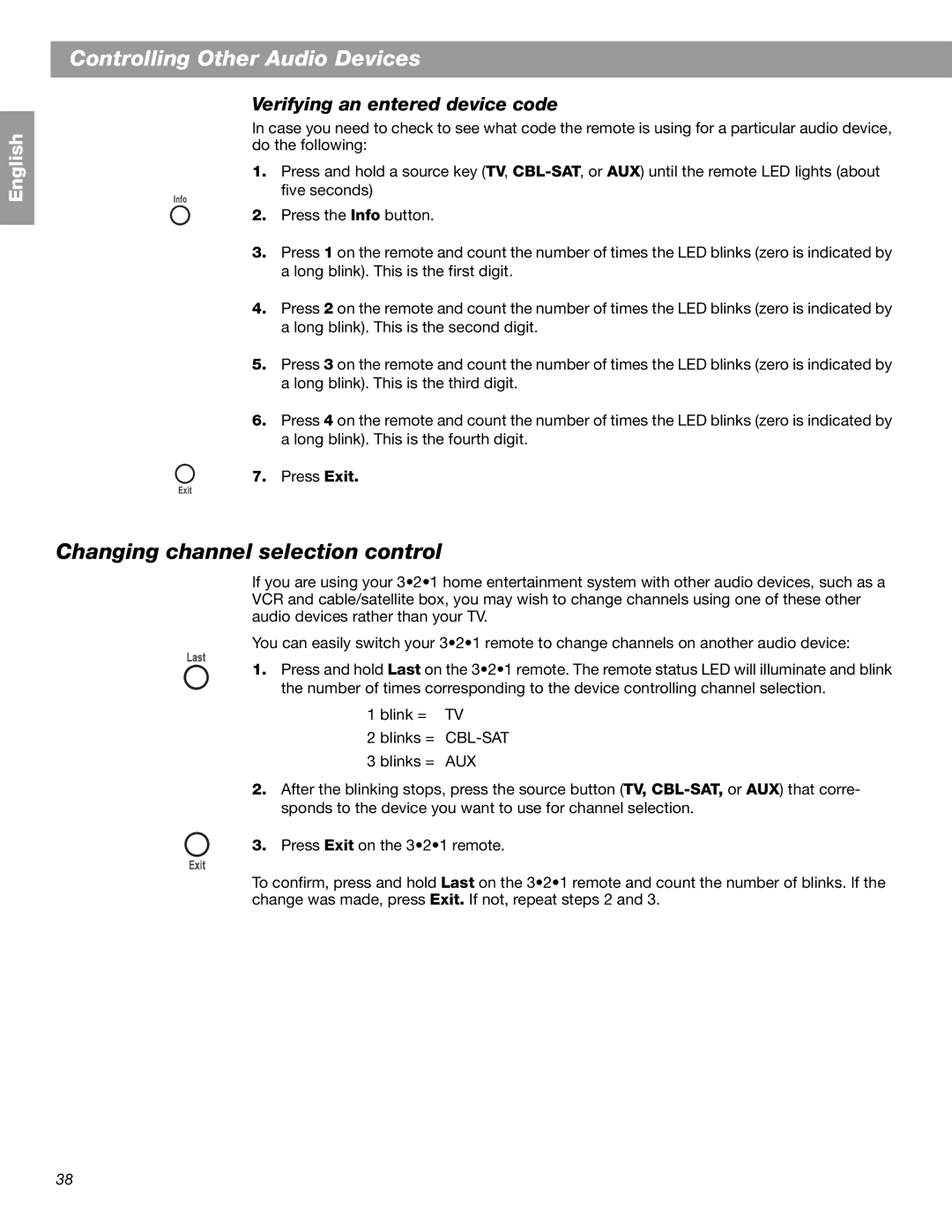 Bose 3.2.1 GS Series II, 3.2.1 Series II Changing channel selection control, Verifying an entered device code, Press Exit 