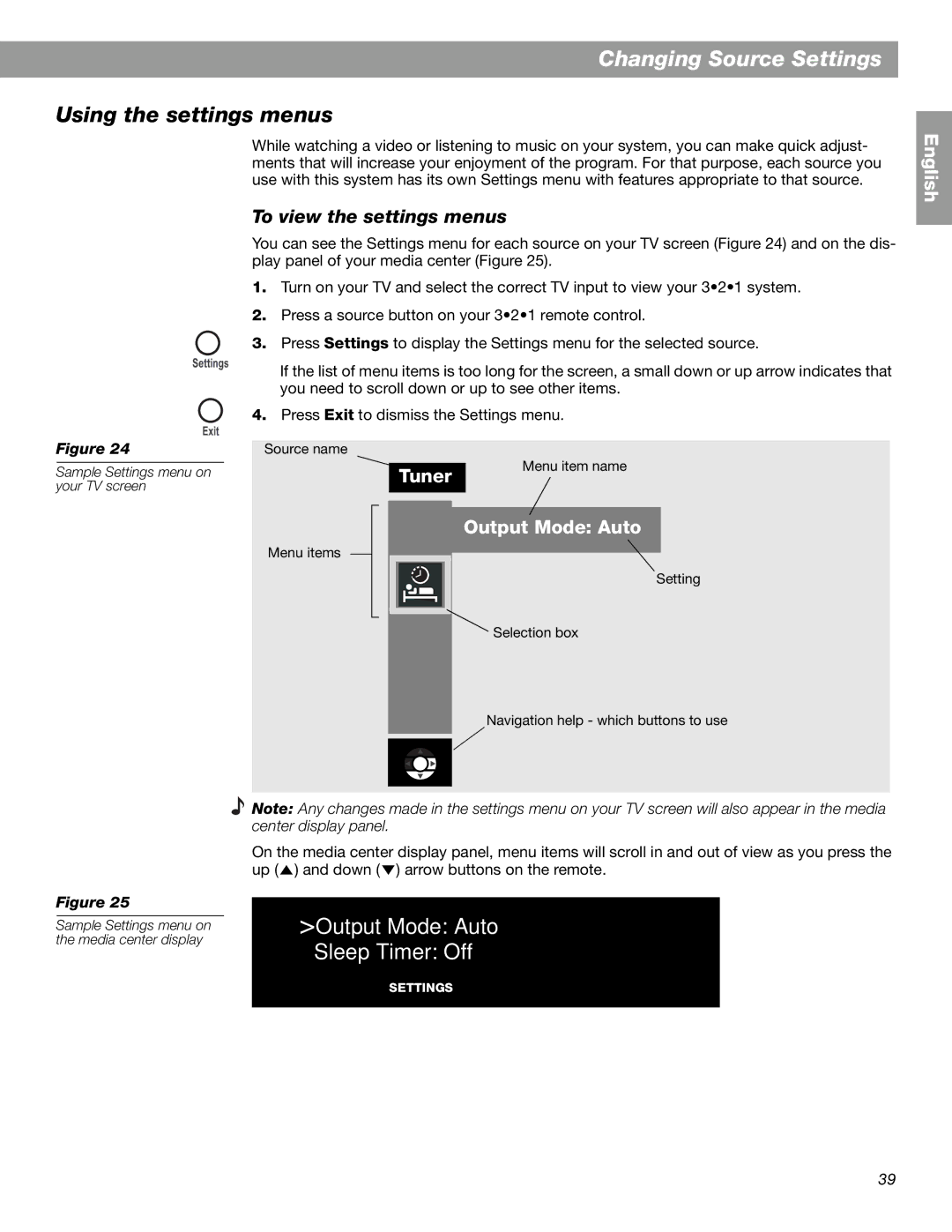 Bose 3.2.1 GS Series II, 3.2.1 Series II Changing Source Settings, Using the settings menus, To view the settings menus 