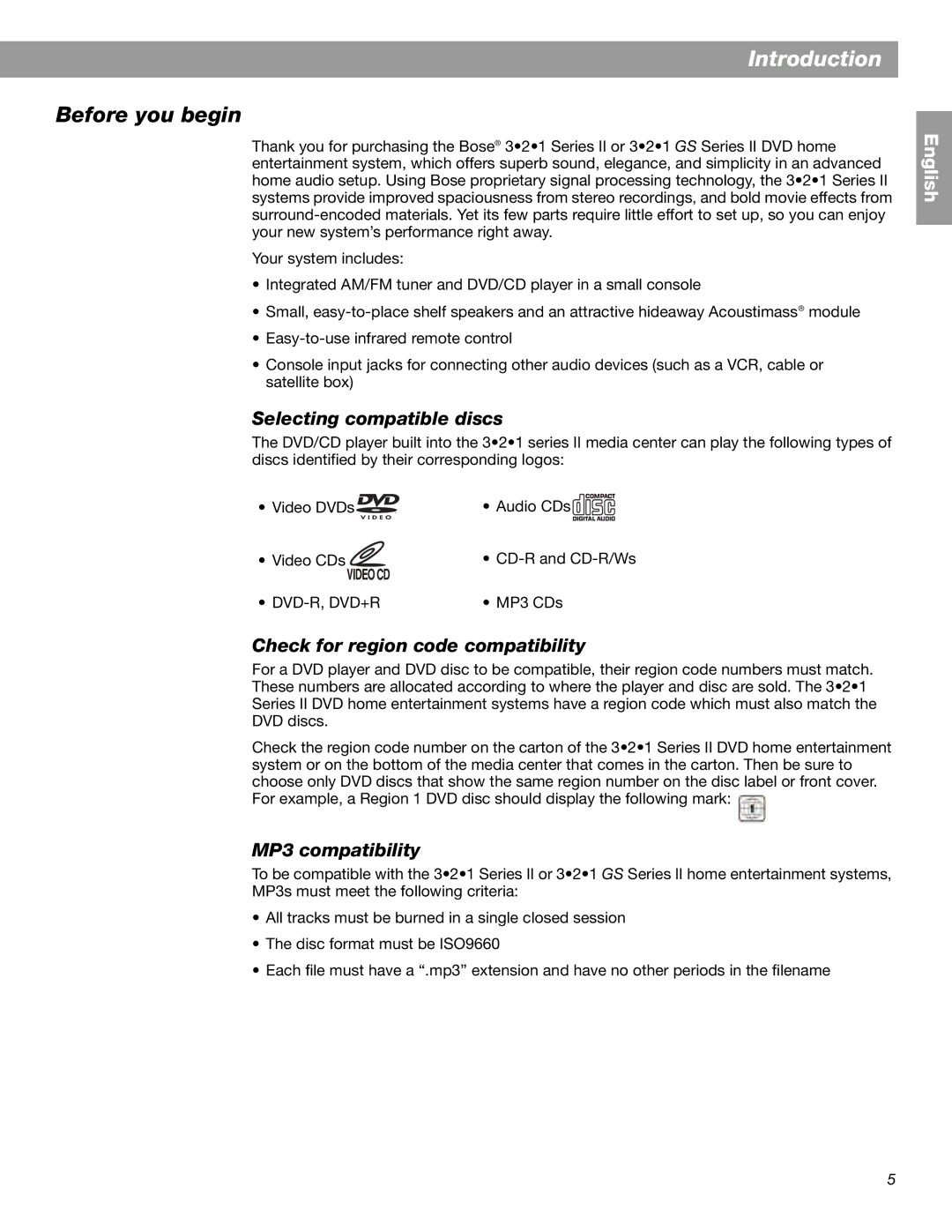 Bose 3.2.1 GS Series II, 3.2.1 Series II Introduction, Before you begin, Selecting compatible discs, MP3 compatibility 