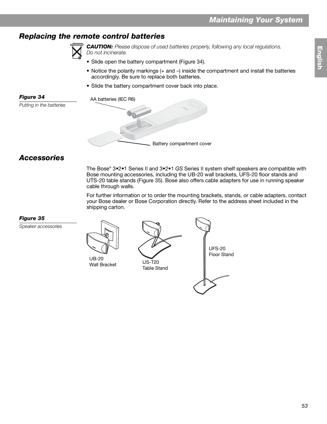 Bose 3.2.1 GS Series II, 3.2.1 Series II manual Replacing the remote control batteries, Accessories 