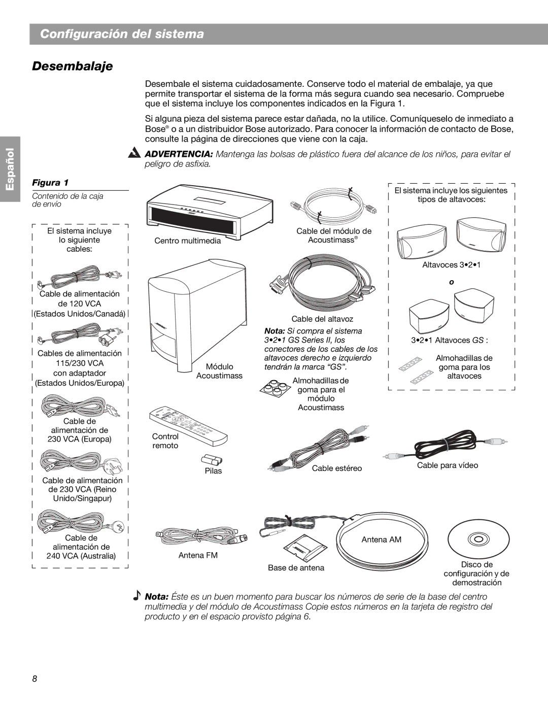 Bose 3.2.1 GS Series II, 3.2.1 Series II manual Configuración del sistema, Desembalaje 