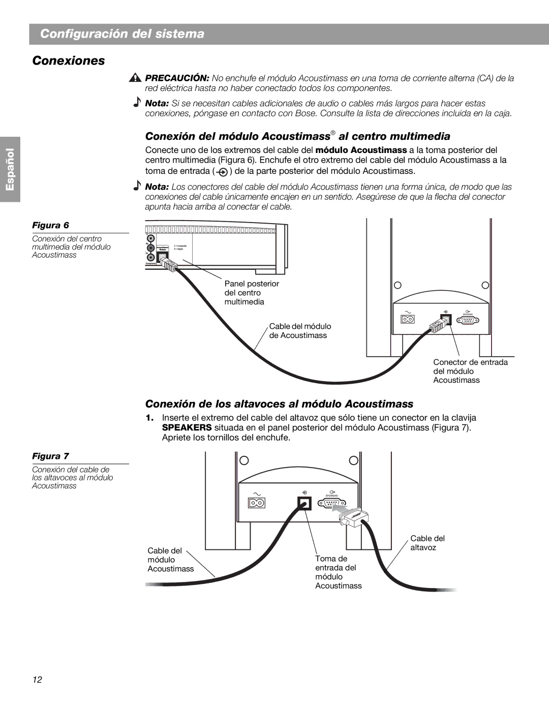 Bose 3.2.1 GS Series II, 3.2.1 Series II manual Conexiones, Conexión del módulo Acoustimass al centro multimedia 