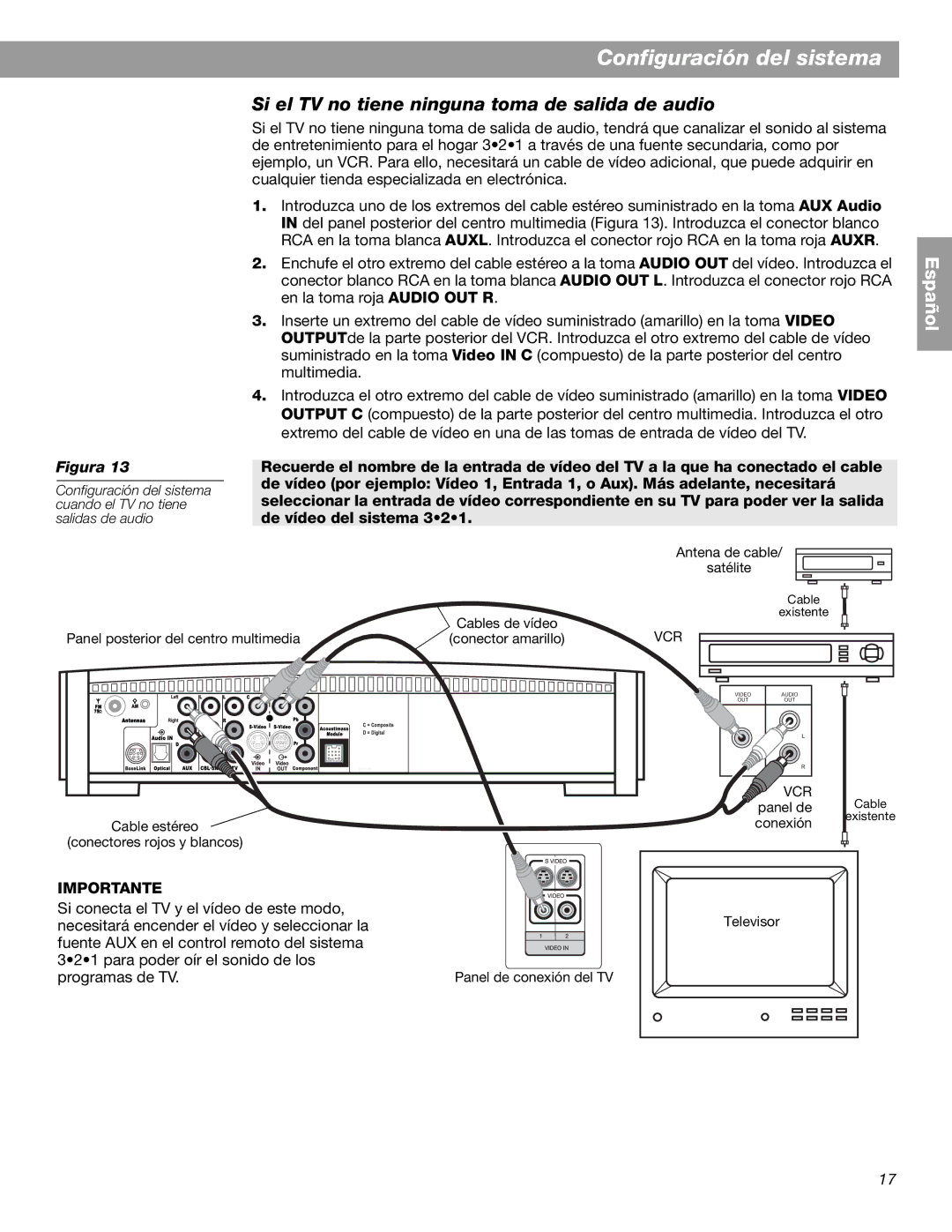 Bose 3.2.1 GS Series II, 3.2.1 Series II manual Si el TV no tiene ninguna toma de salida de audio, Importante 