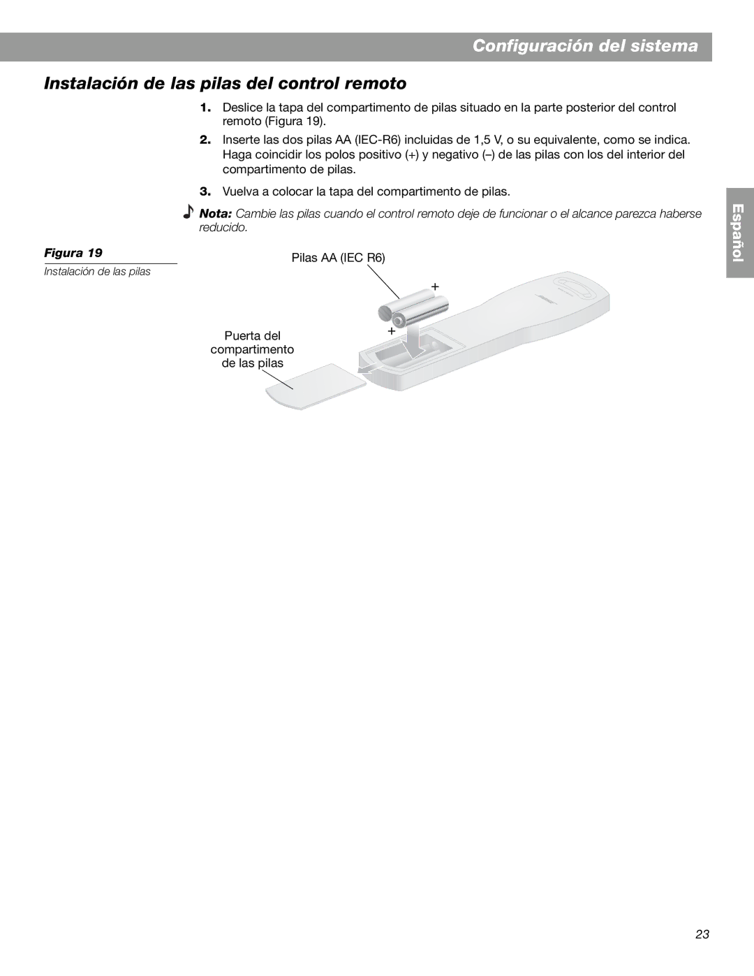 Bose 3.2.1 GS Series II, 3.2.1 Series II manual Instalación de las pilas del control remoto 