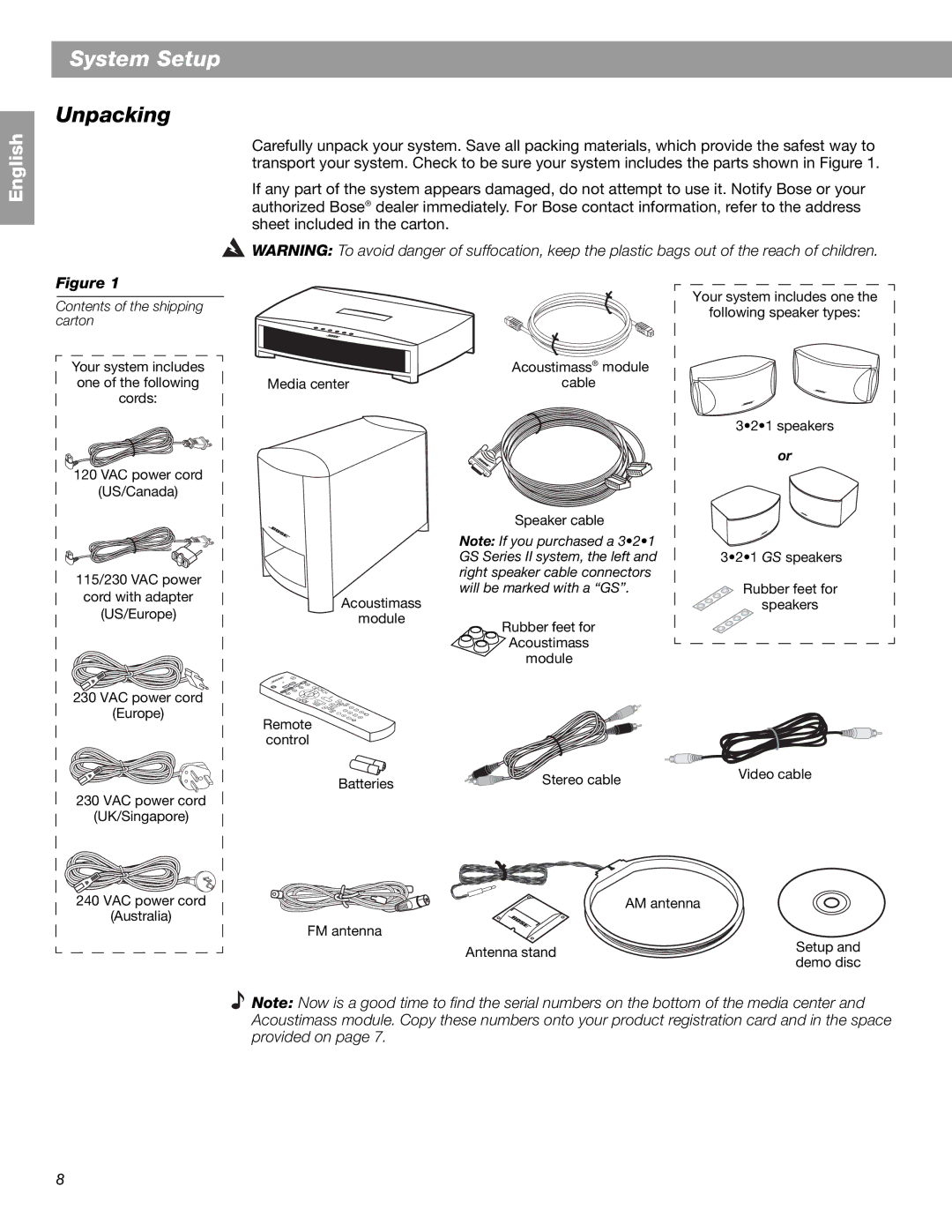 Bose 3.2.1 GS Series II, 3.2.1 Series II manual System Setup, Unpacking 