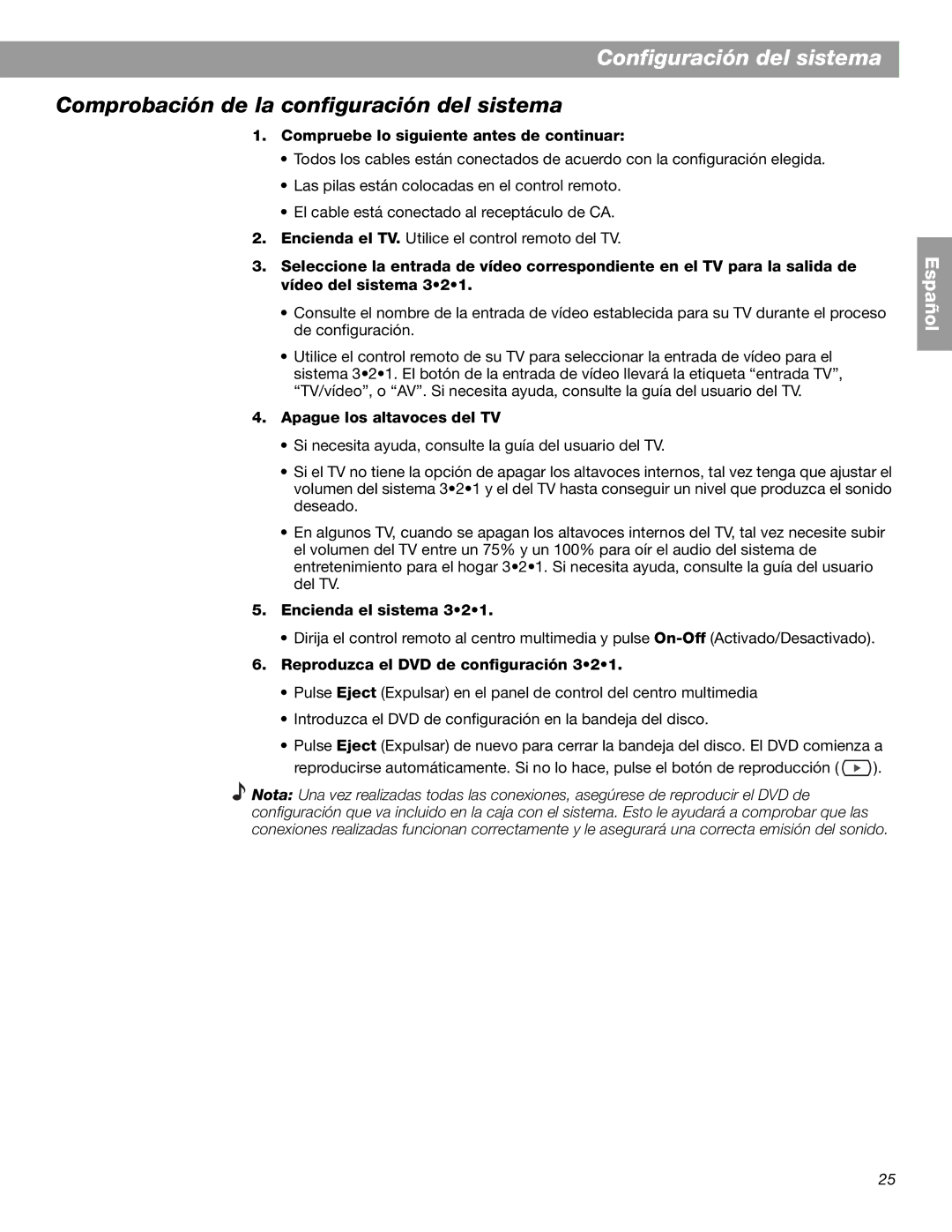 Bose 3.2.1 GS Series II, 3.2.1 Series II manual Comprobación de la configuración del sistema, Apague los altavoces del TV 