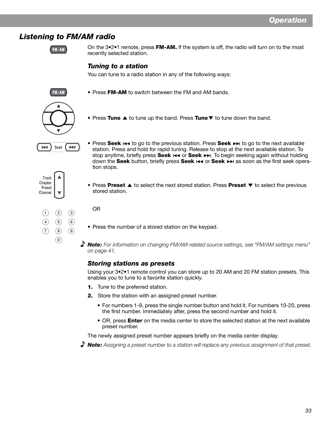 Bose 3.2.1 Series II, 3.2.1 GS Series II manual Listening to FM/AM radio, Tuning to a station, Storing stations as presets 