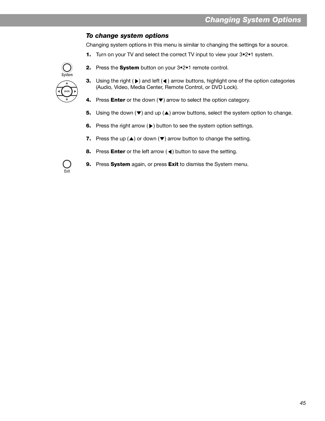 Bose 3.2.1 Series II, 3.2.1 GS Series II manual To change system options 