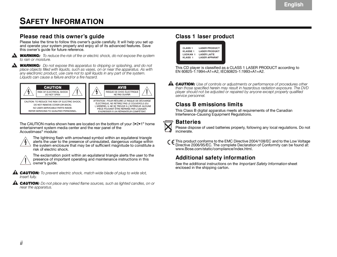 Bose 3.2.1 manual Safety Information 