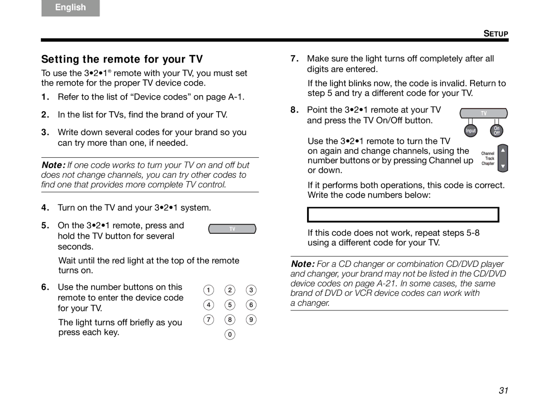 Bose 3.2.1 manual Setting the remote for your TV 