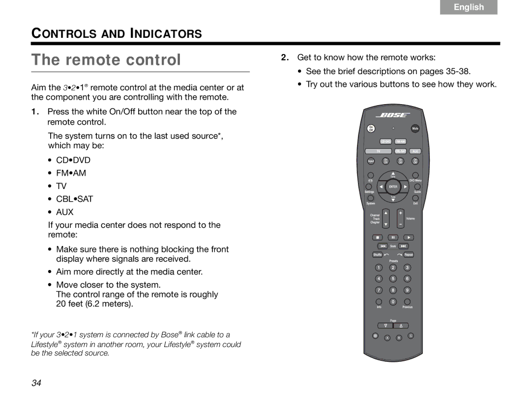 Bose 3.2.1 manual Remote control, Cddvd Fmam Cblsat AUX 