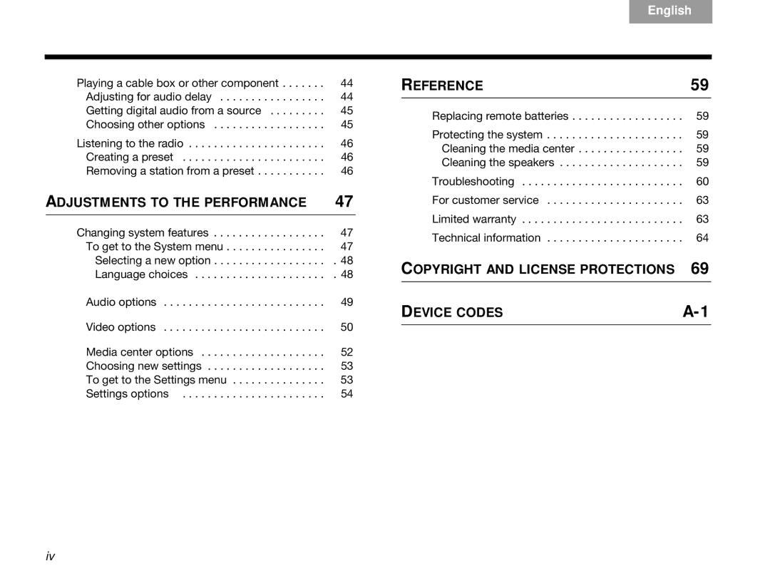 Bose 3.2.1 manual Copyright and License Protections Device Codes 