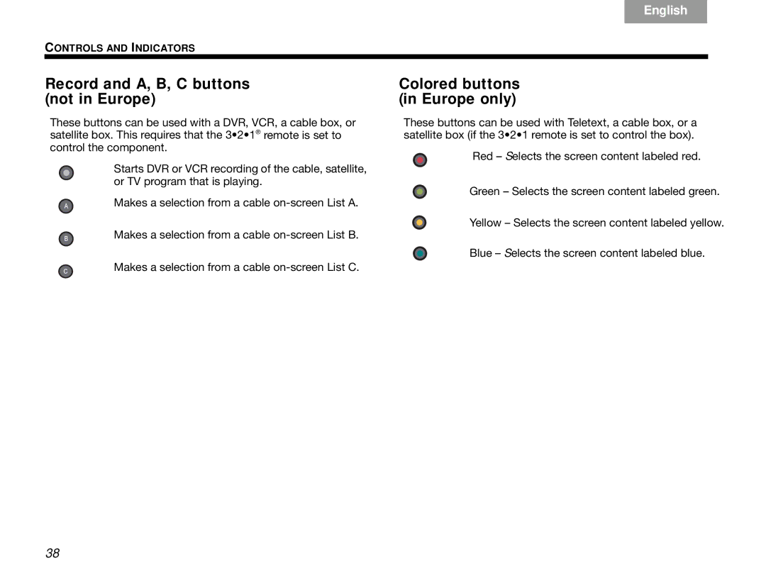 Bose 3.2.1 manual Record and A, B, C buttons not in Europe, Colored buttons in Europe only 