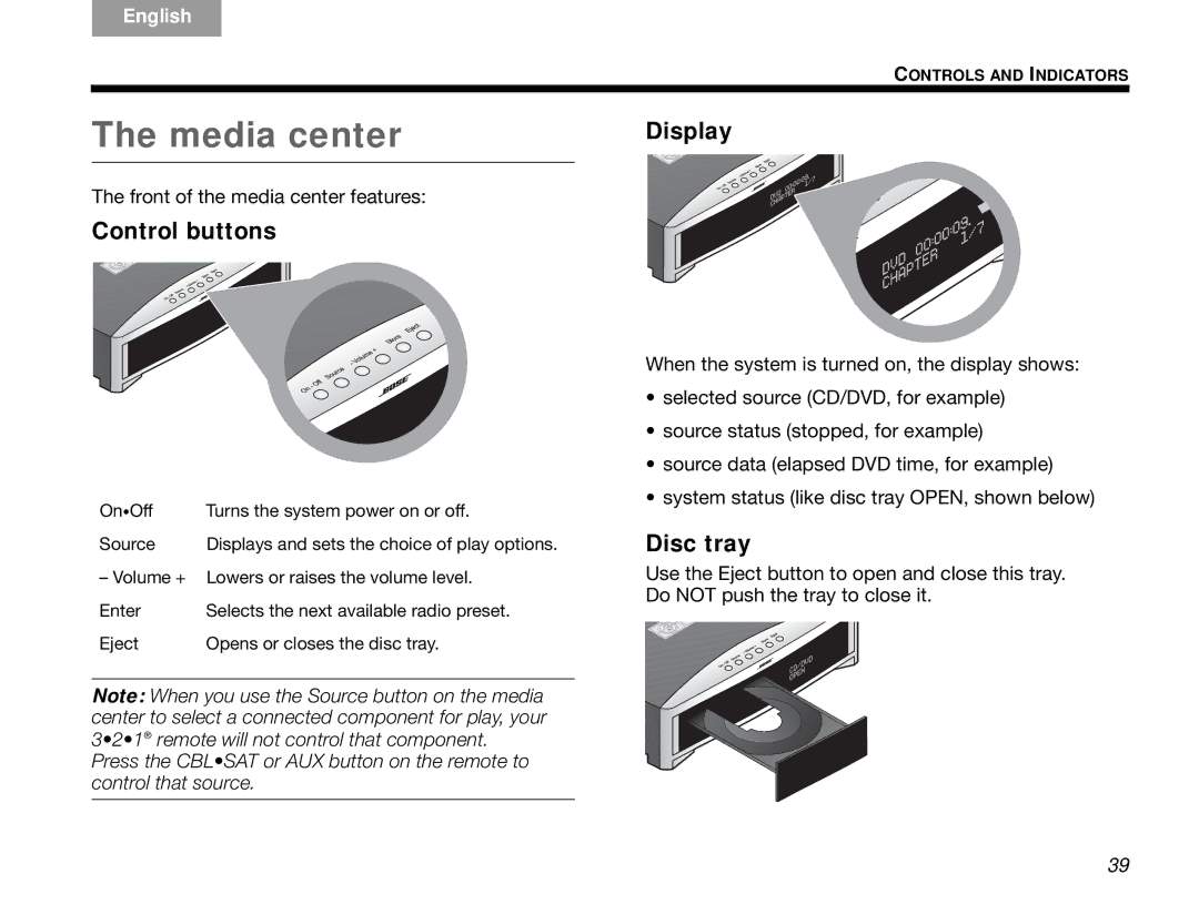 Bose 3.2.1 manual Media center, Control buttons, Display, Disc tray 