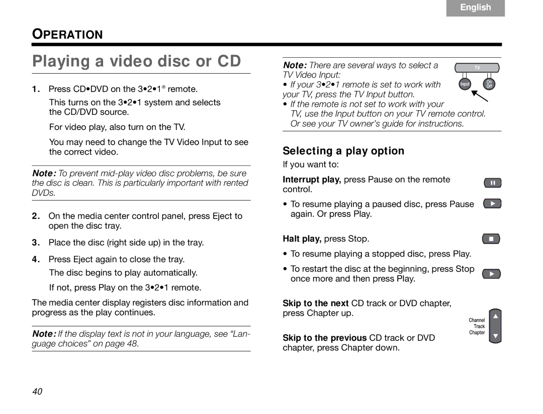 Bose 3.2.1 manual Playing a video disc or CD, Selecting a play option 