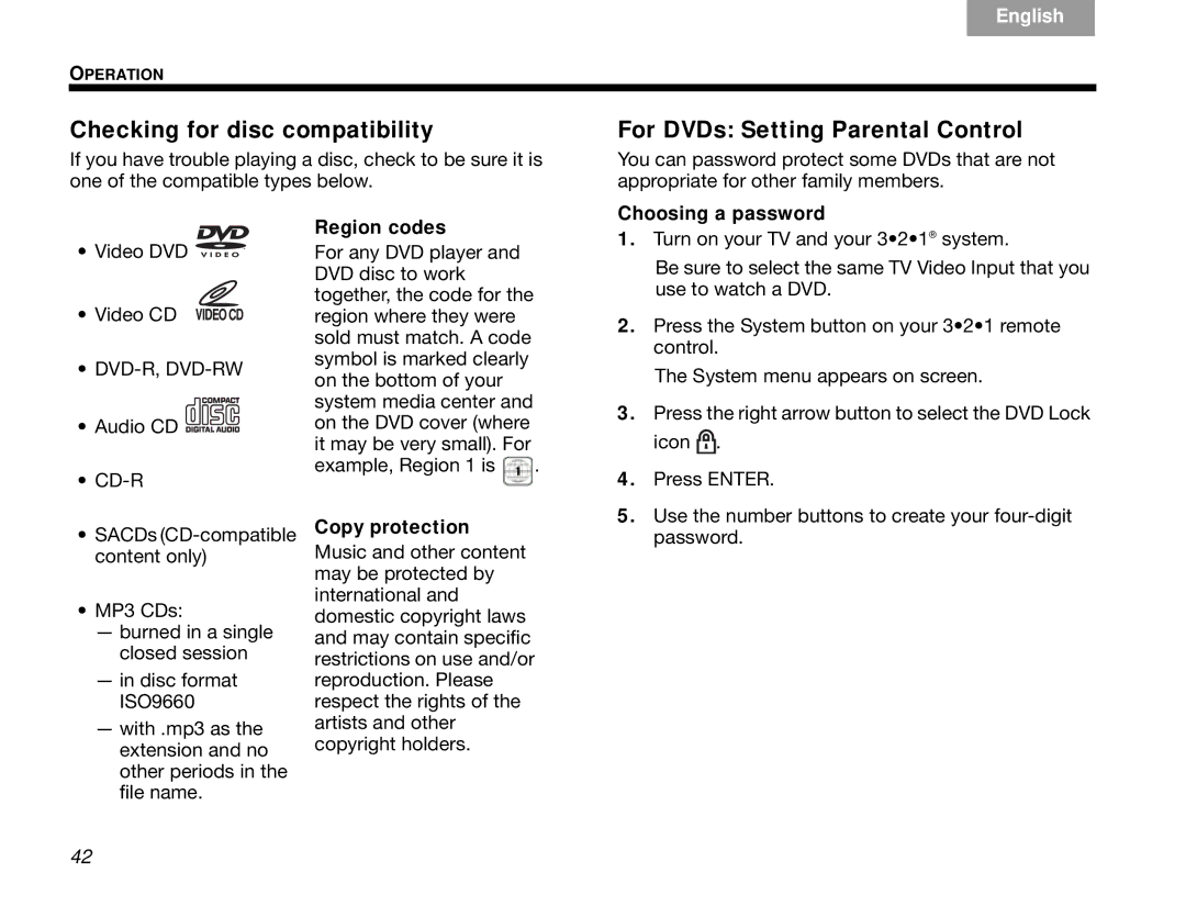 Bose 3.2.1 manual Checking for disc compatibility, For DVDs Setting Parental Control 