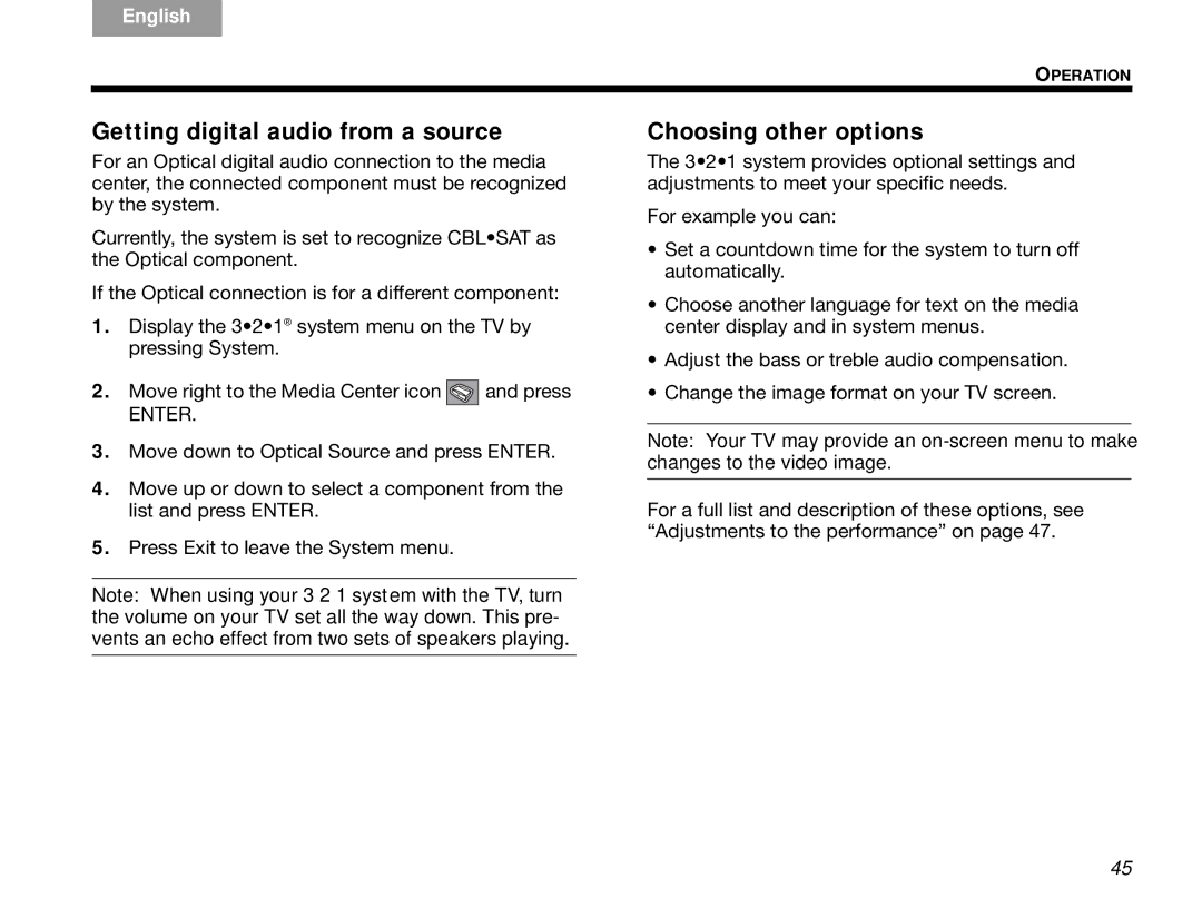 Bose 3.2.1 manual Getting digital audio from a source, Choosing other options 