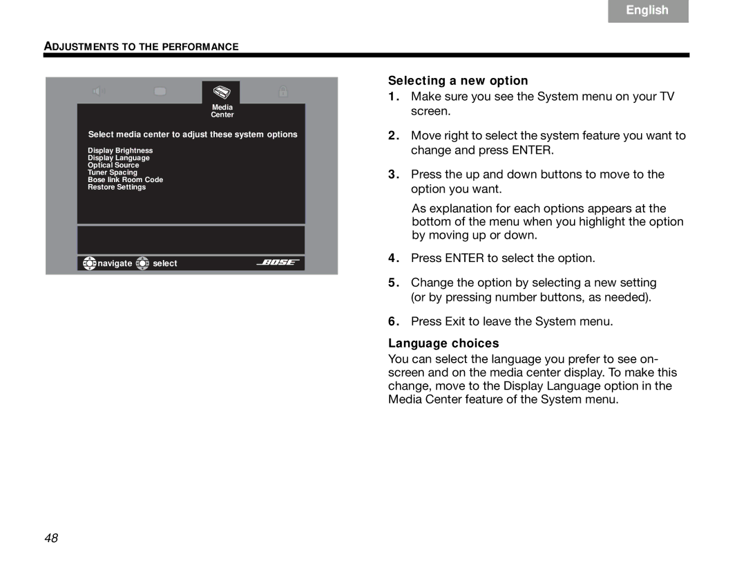 Bose 3.2.1 manual Selecting a new option 