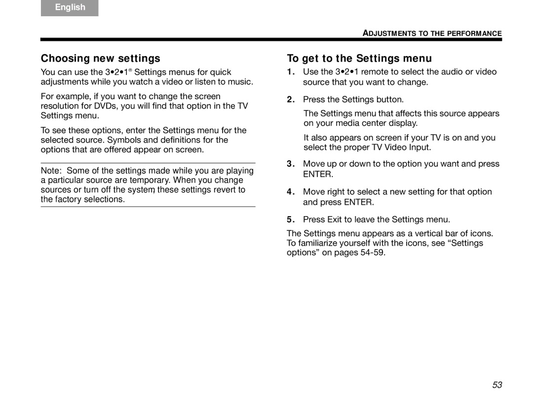 Bose 3.2.1 manual Choosing new settings, To get to the Settings menu 