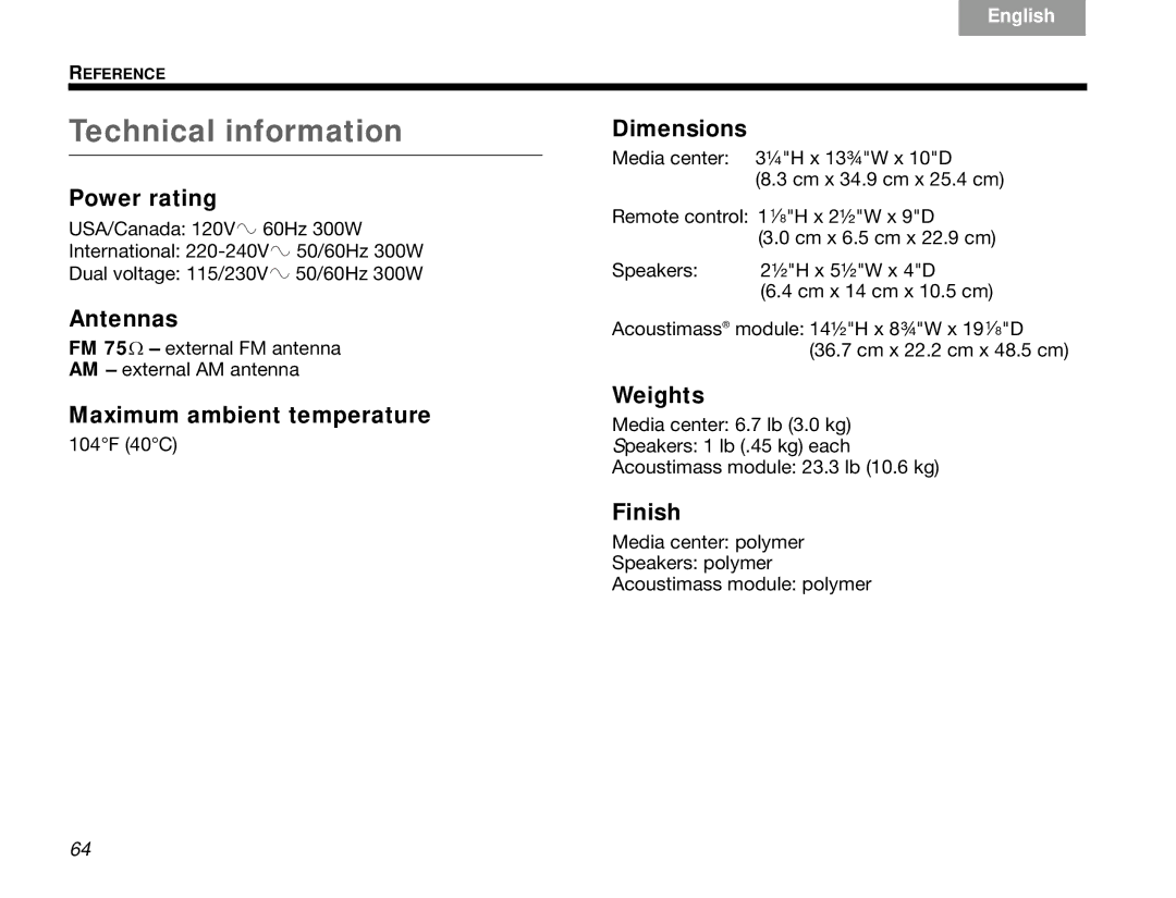 Bose 3.2.1 manual Power rating, Antennas, Dimensions, Maximum ambient temperature, Weights, Finish 