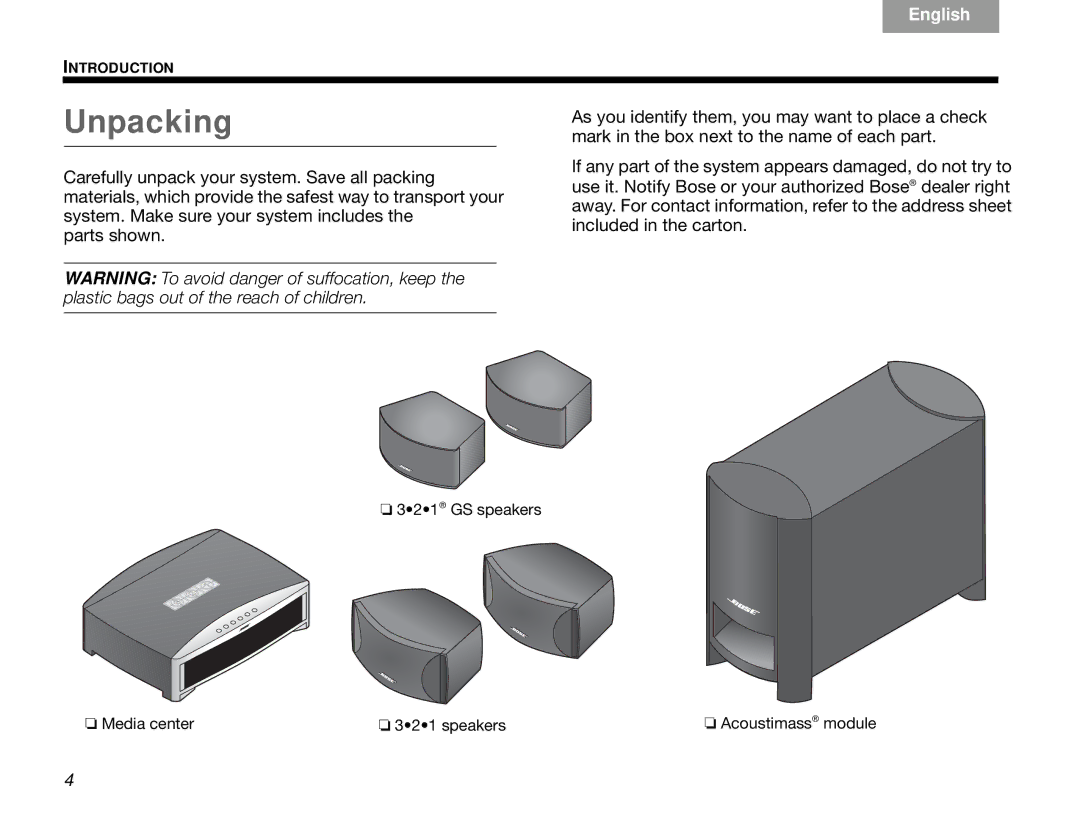 Bose 3.2.1 manual Unpacking 