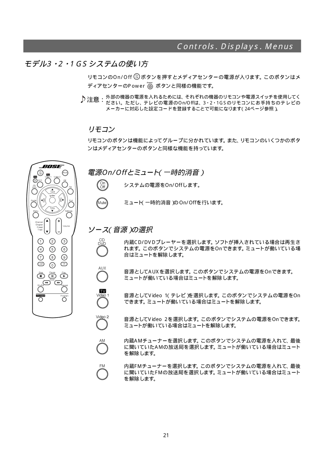 Bose 321GS owner manual Controls. Displays. Menus, モデル3・2・1GSシステムの使い方, リモコン, 電源On/Offとミュート（一時的消音）, ソース（音源）の選択 