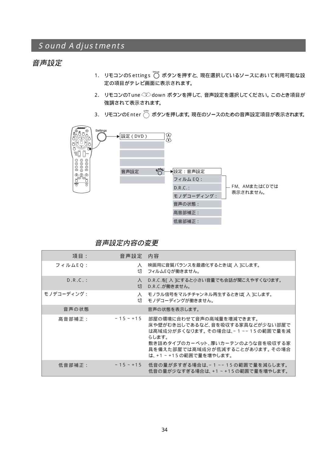 Bose 321GS owner manual Sound Adjustments, 音声設定内容の変更, 項目： 音声設定 