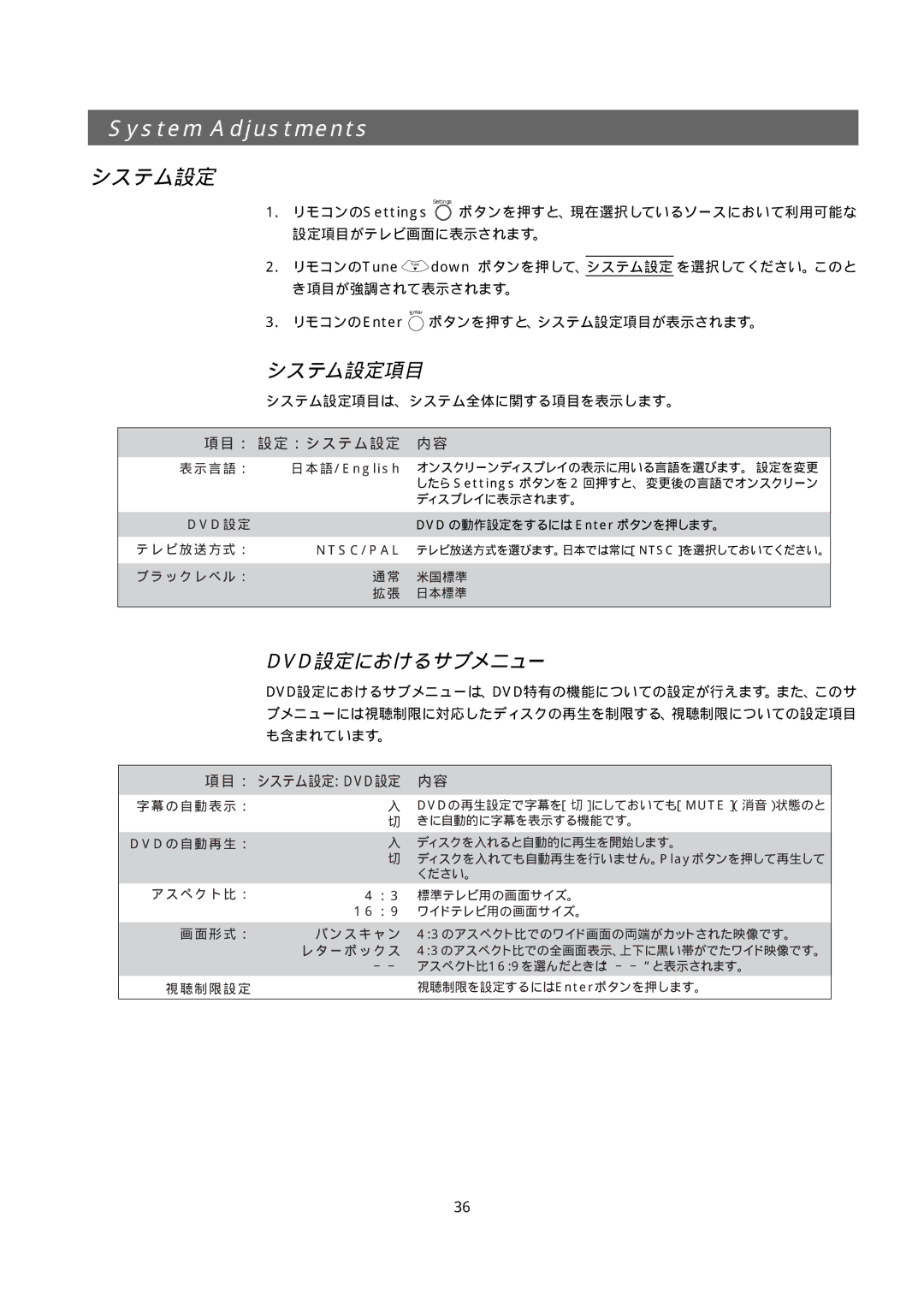 Bose 321GS owner manual System Adjustments, システム設定項目, Dvd設定におけるサブメニュー 