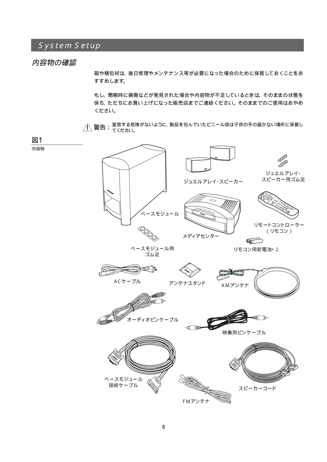 Bose 321GS owner manual System Setup, 内容物の確認 