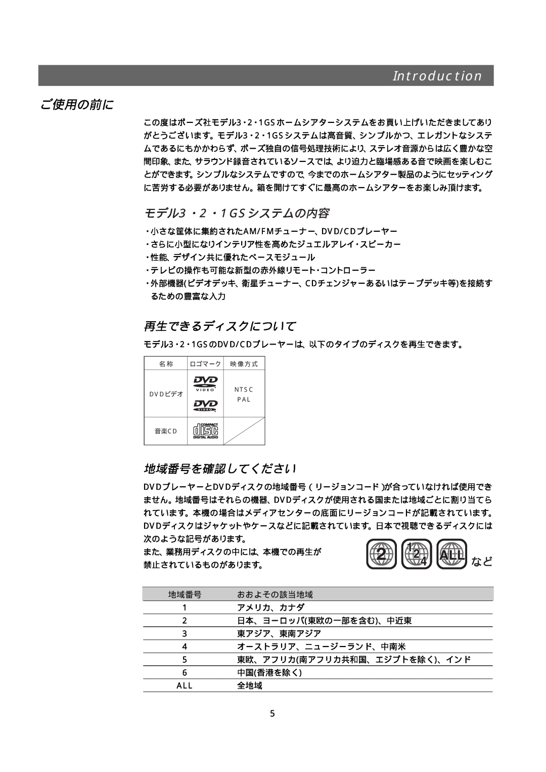 Bose 321GS owner manual Introduction, ご使用の前に, モデル3・2・1GSシステムの内容, 再生できるディスクについて, 地域番号を確認してください, おおよその該当地域 