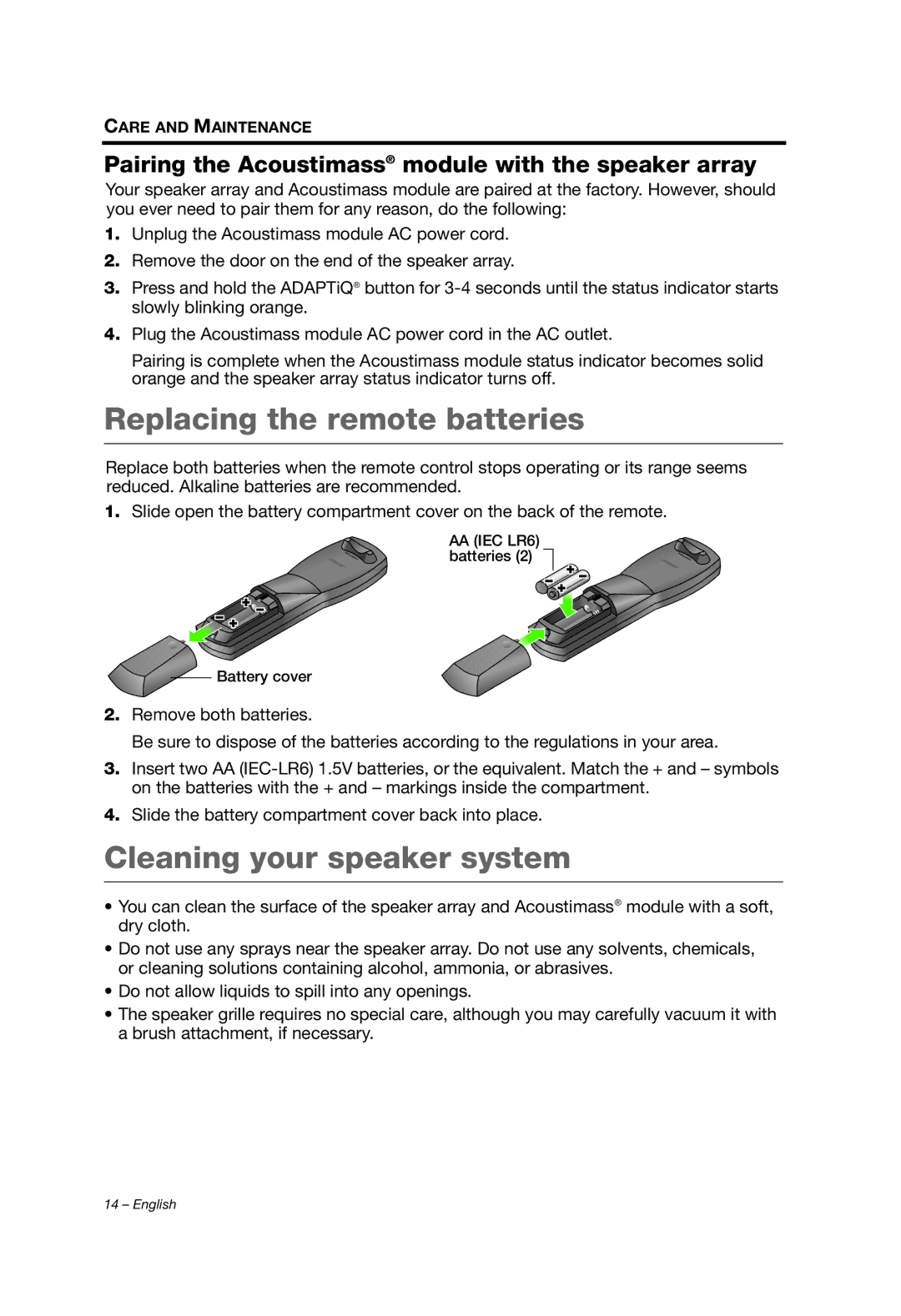 Bose 329198/1100 manual Replacing the remote batteries, Cleaning your speaker system 