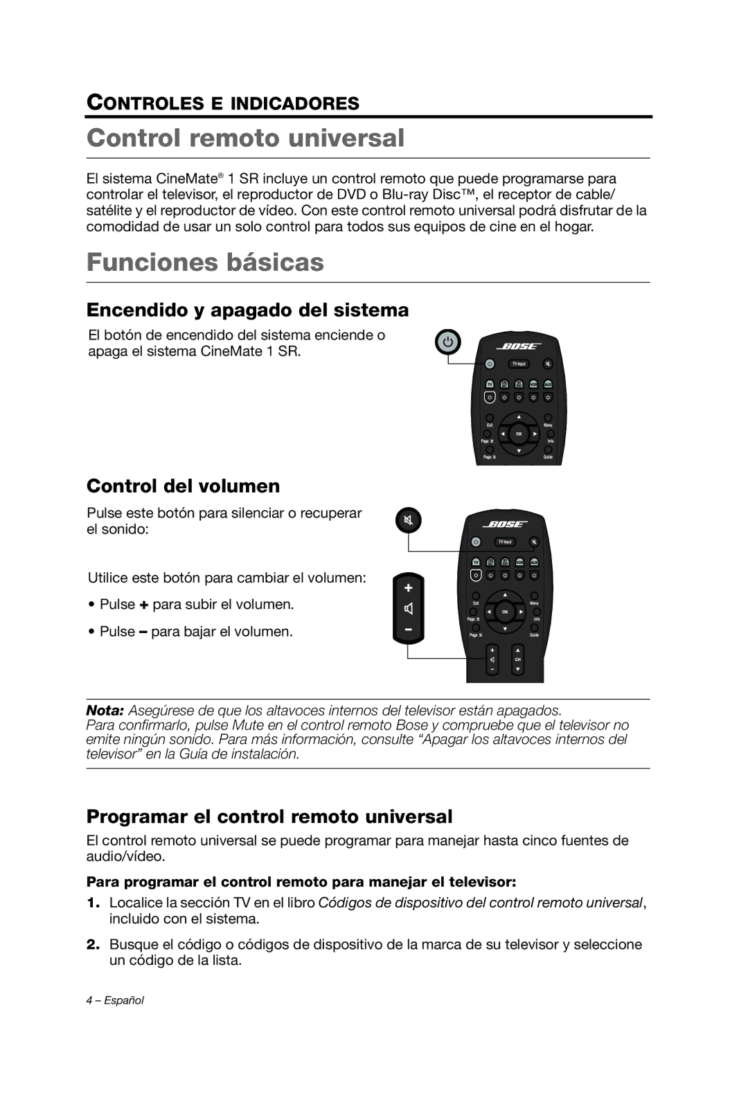 Bose 329198/1100 manual Control remoto universal, Funciones básicas, Encendido y apagado del sistema, Control del volumen 