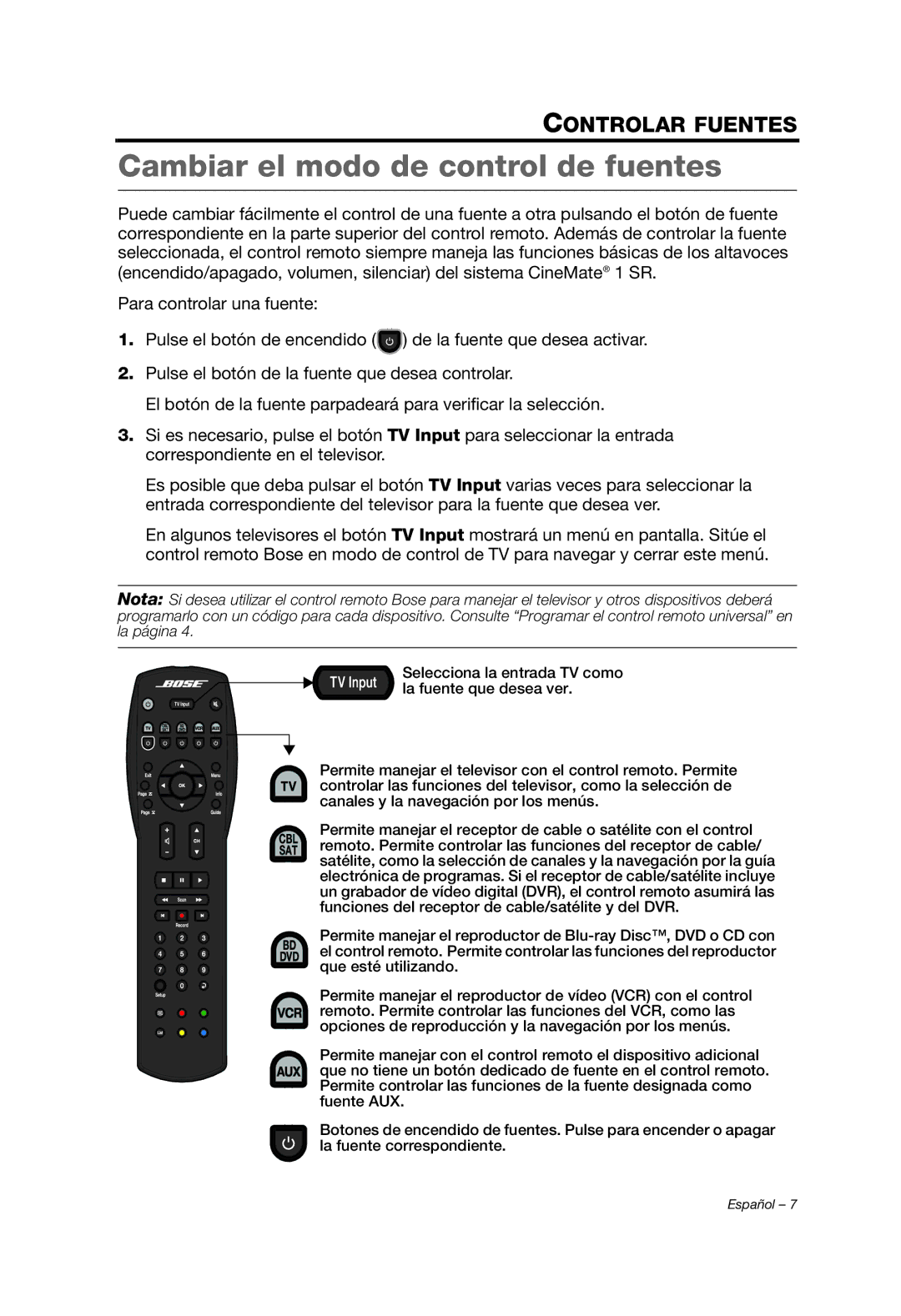 Bose 329198/1100 manual Cambiar el modo de control de fuentes 