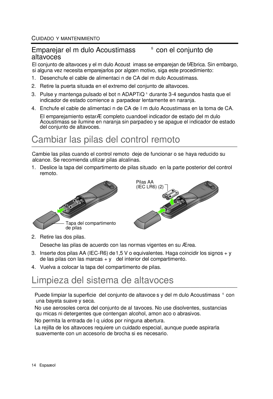 Bose 329198/1100 manual Cambiar las pilas del control remoto, Limpieza del sistema de altavoces 