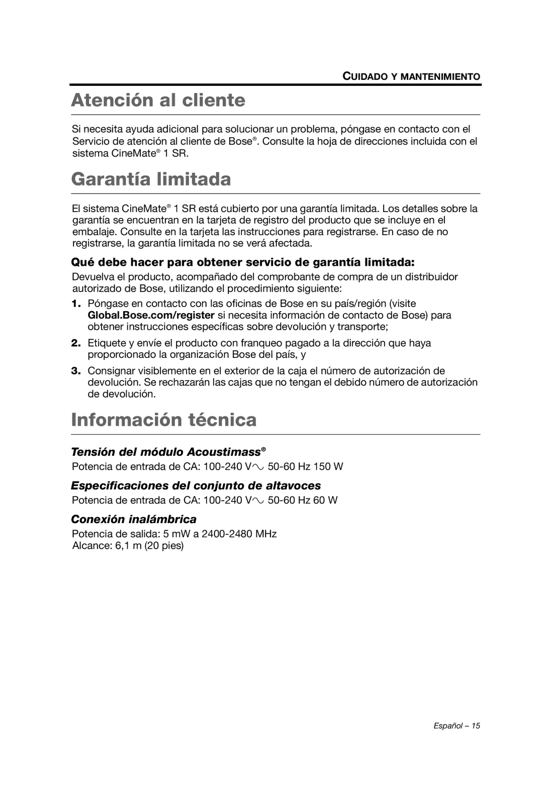 Bose 329198/1100 manual Atención al cliente, Garantía limitada, Información técnica 