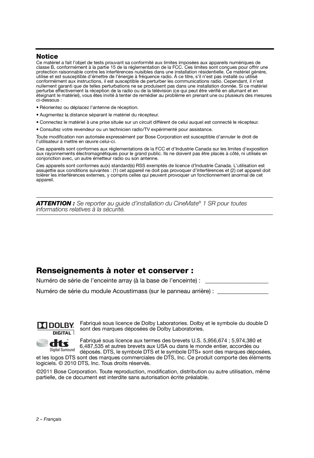 Bose 329198/1100 manual Renseignements à noter et conserver 