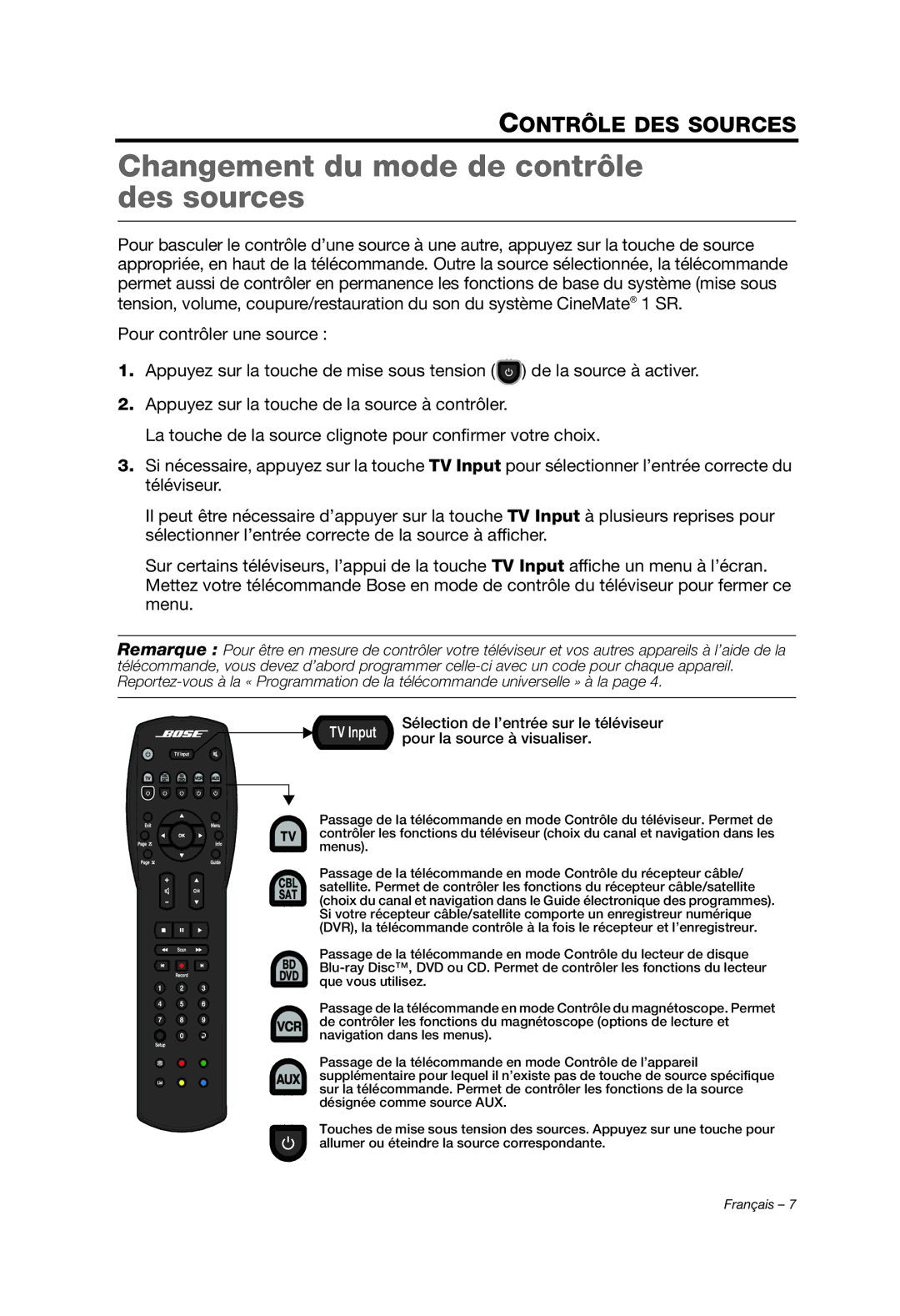 Bose 329198/1100 manual Changement du mode de contrôle des sources 