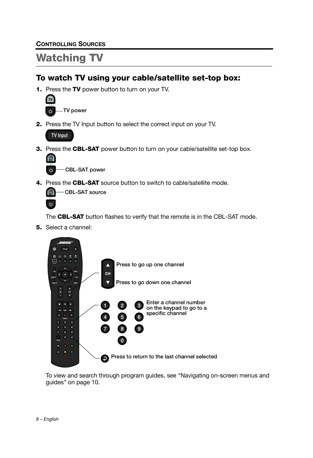 Bose 329198/1100 manual Watching TV, To watch TV using your cable/satellite set-top box 