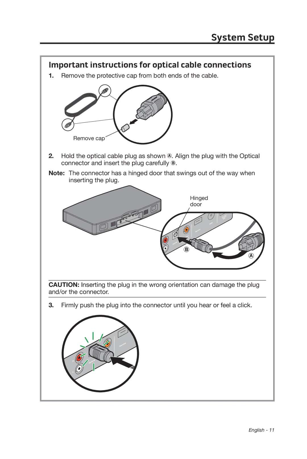 Bose 347205/1300 manual System Setup, Important instructions for optical cable connections 