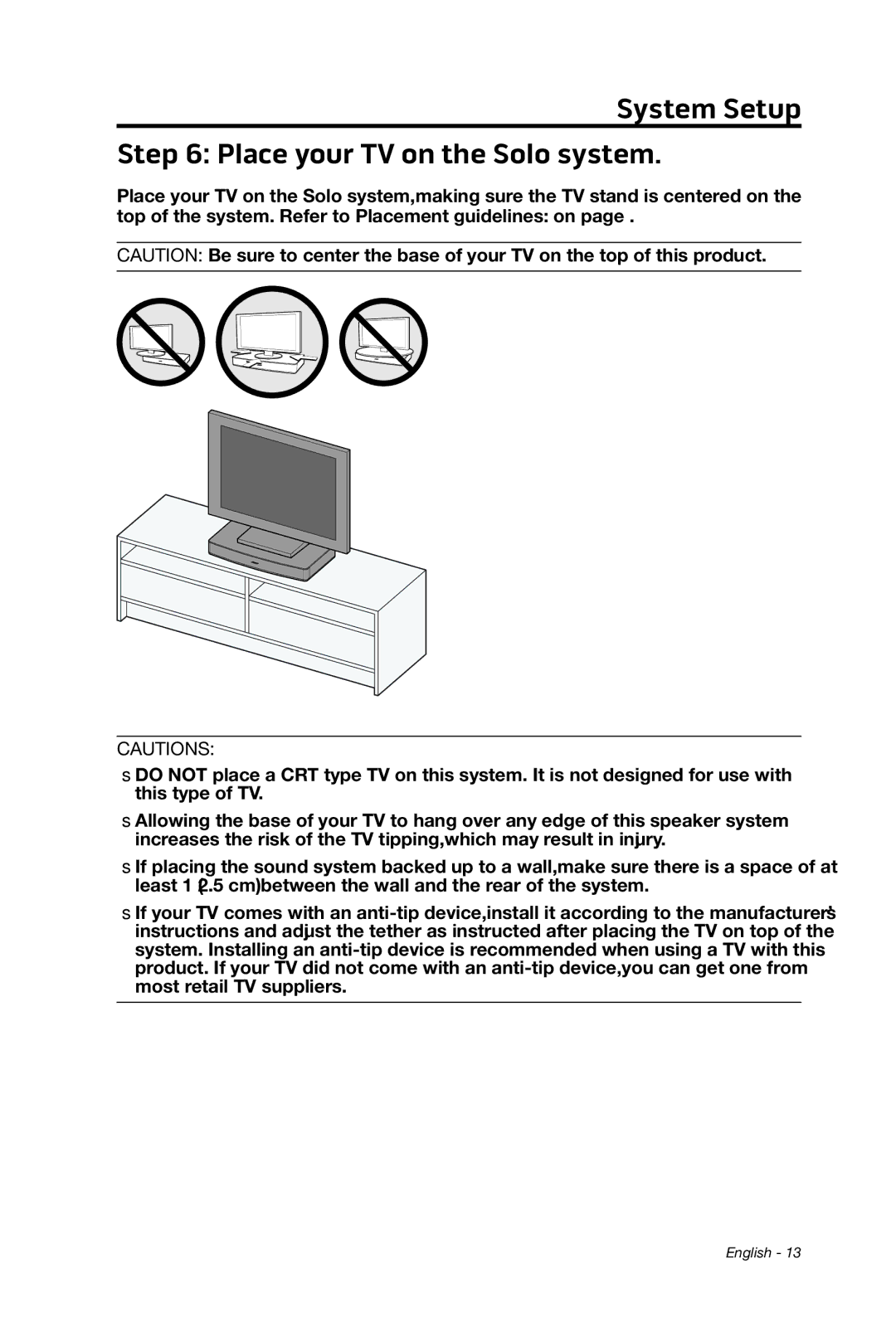 Bose 347205/1300 manual System Setup Place your TV on the Solo system 