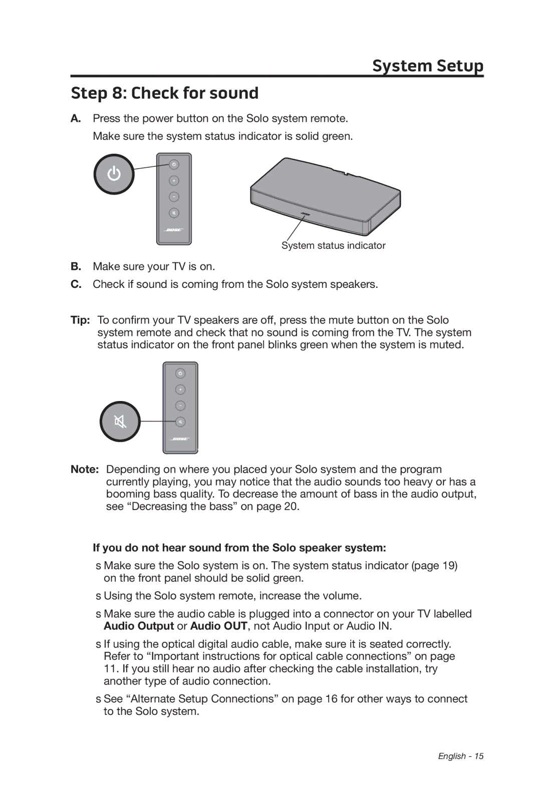 Bose 347205/1300 manual System Setup Check for sound, If you do not hear sound from the Solo speaker system 