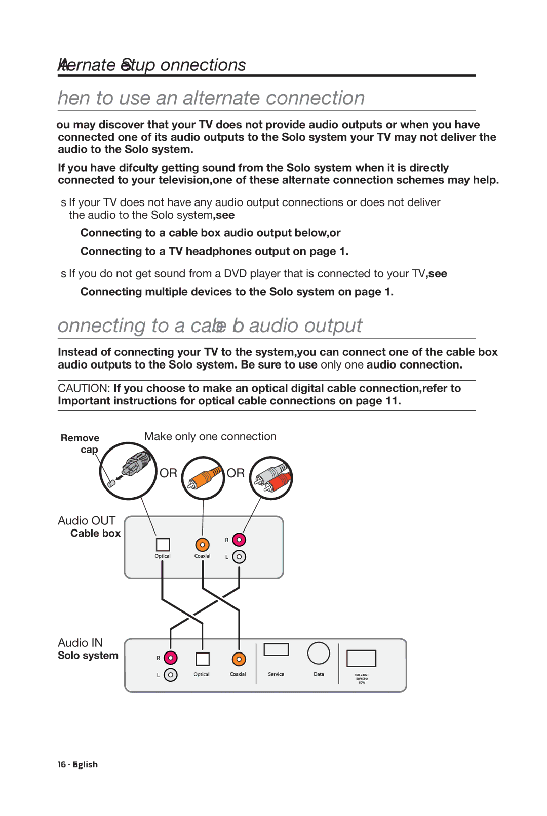 Bose 347205/1300 When to use an alternate connection, Connecting to a cable box audio output, Alternate Setup Connections 