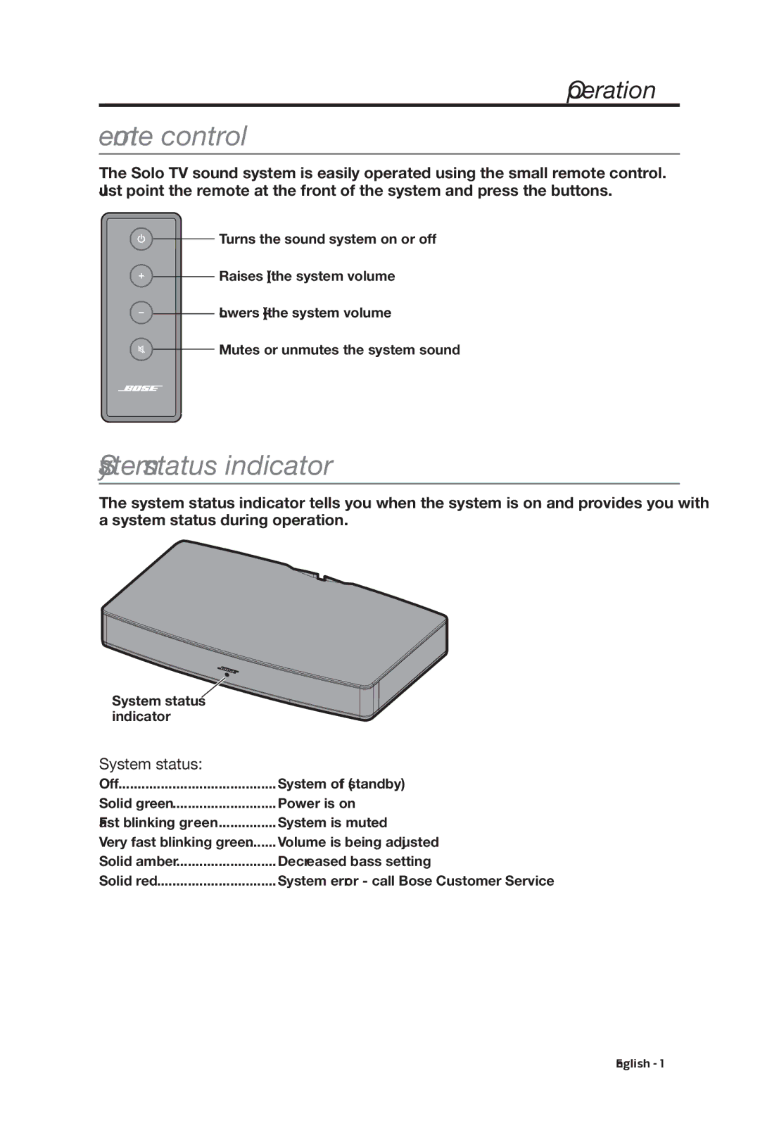 Bose 347205/1300 manual Remote control, System status indicator, Operation 