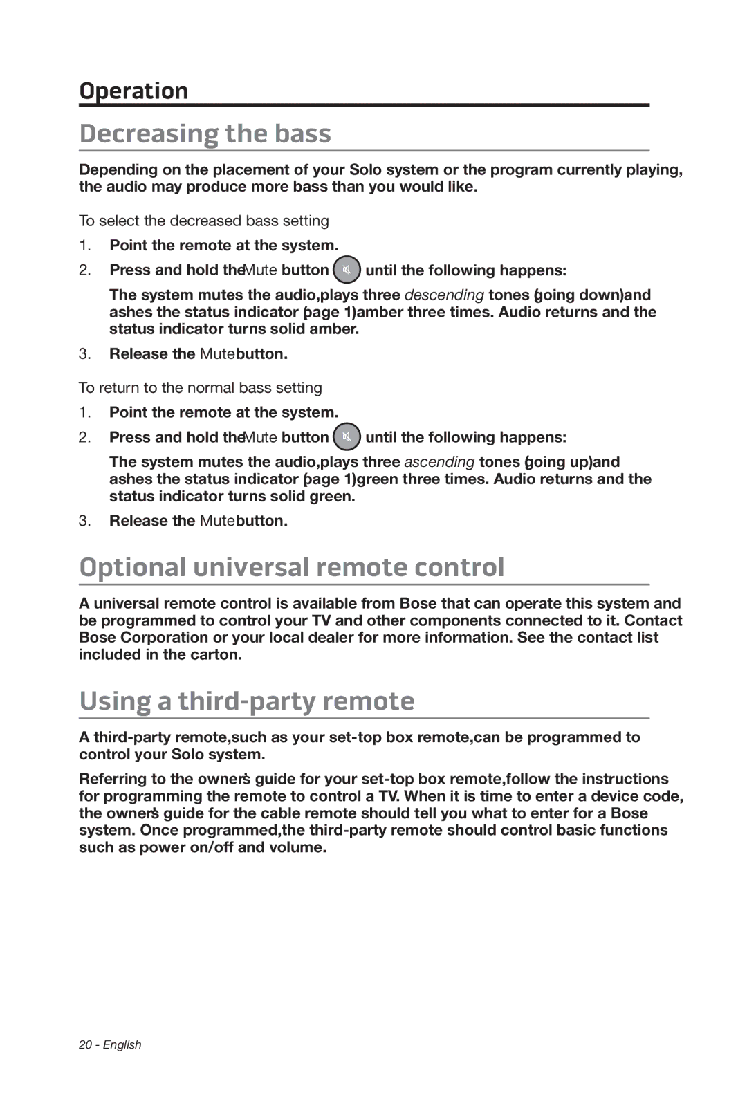 Bose 347205/1300 manual Decreasing the bass, Optional universal remote control, Using a third-party remote 