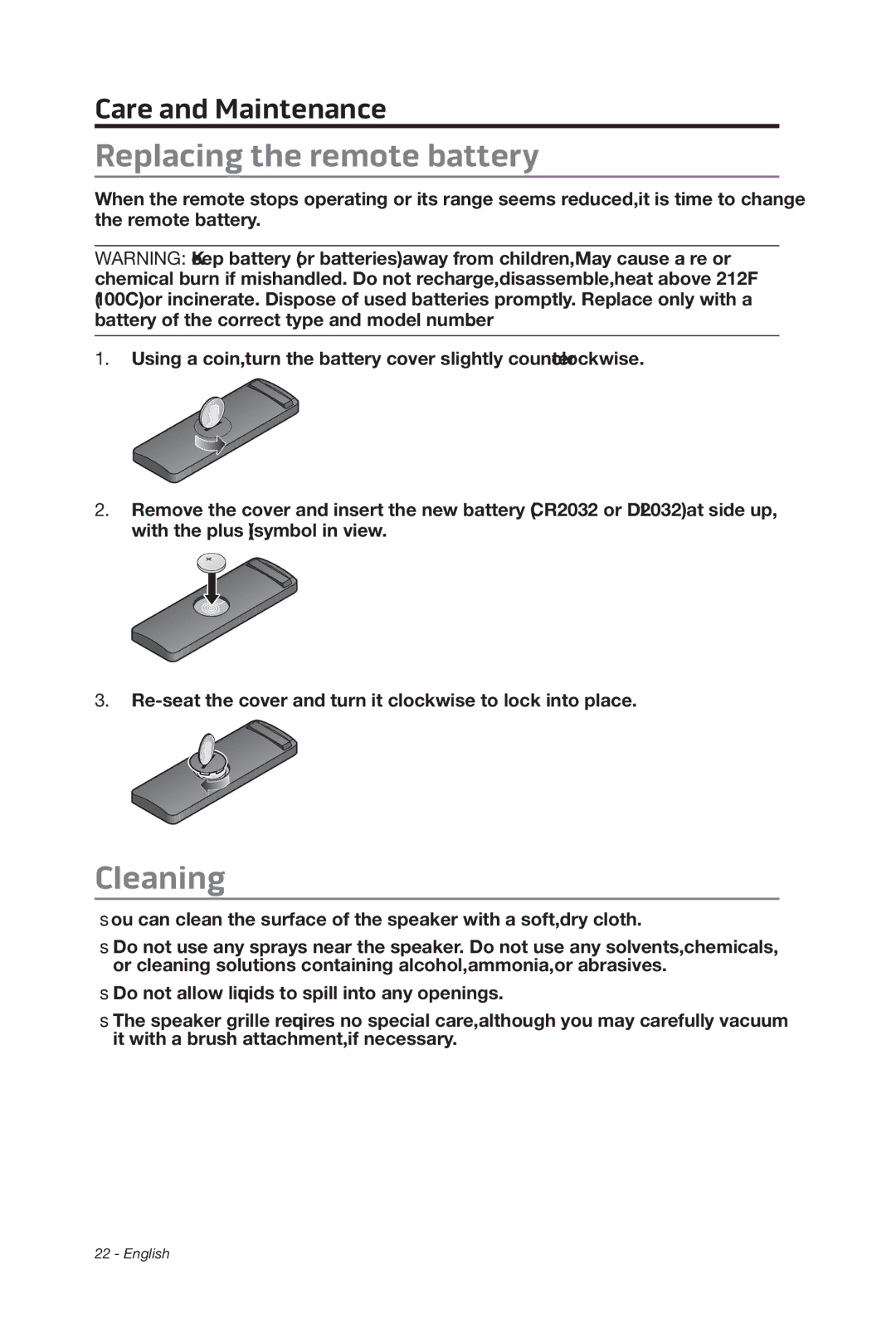 Bose 347205/1300 manual Replacing the remote battery, Cleaning 