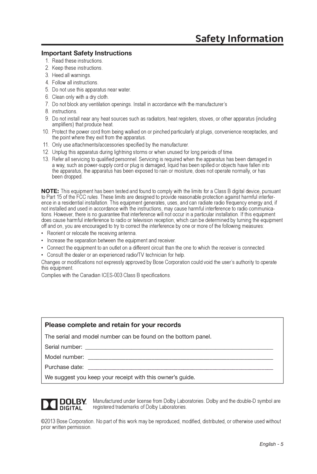 Bose 347205/1300 manual Important Safety Instructions, Please complete and retain for your records 