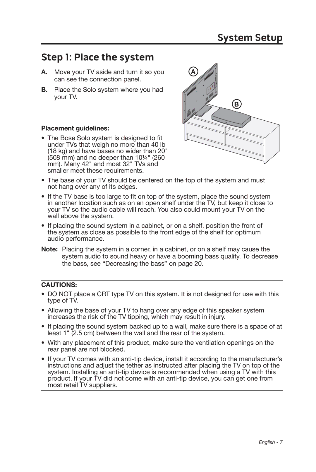 Bose 347205/1300 manual System Setup Place the system, Move your TV aside and turn it so you, Placement guidelines 