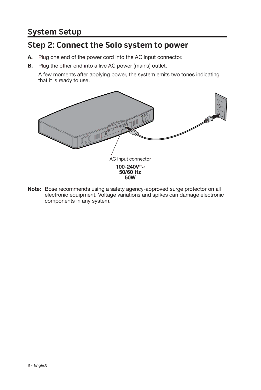 Bose 347205/1300 manual System Setup Connect the Solo system to power, 100-240V 50/60 Hz 50W 