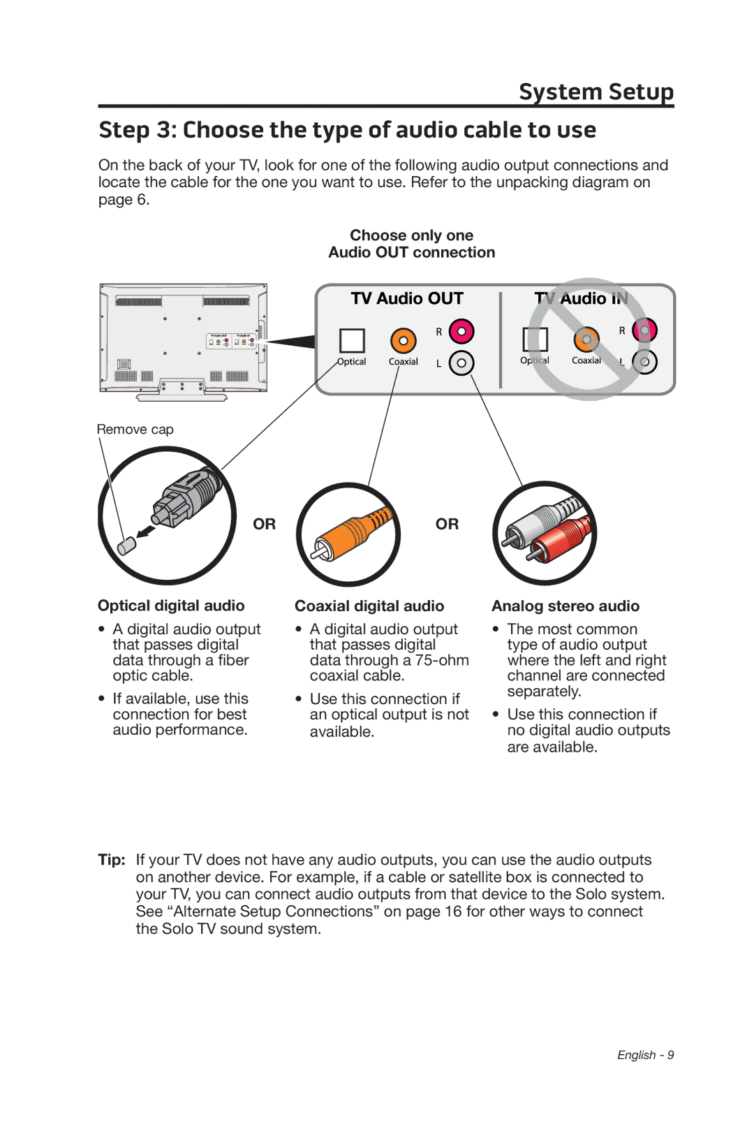 Bose 347205/1300 manual System Setup Choose the type of audio cable to use, Choose only one Audio OUT connection 